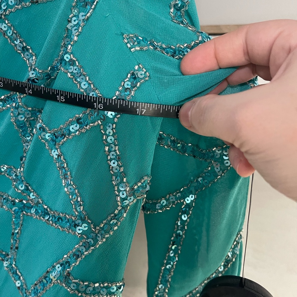 NWT J Kara Teal Long Sleeve Beaded Dress - Picture 4 of 5